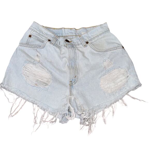 Levi’s Vintage90s Distressed Orange Tab Blue Denim Shorts Size 8 - Picture 1 of 3